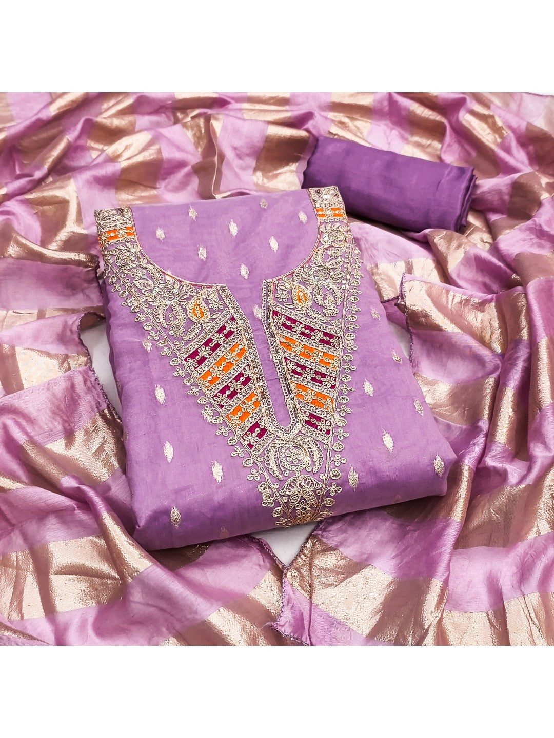Elegant Purple Jacquard Dress Material with Striped Dupatta - Image 1