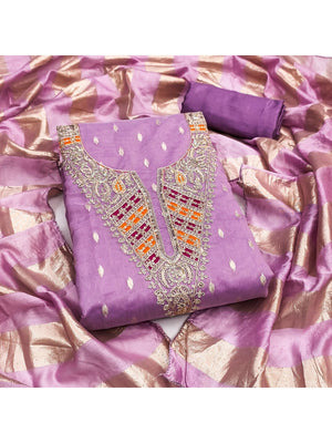 Elegant Purple Jacquard Dress Material with Striped Dupatta - Image 1