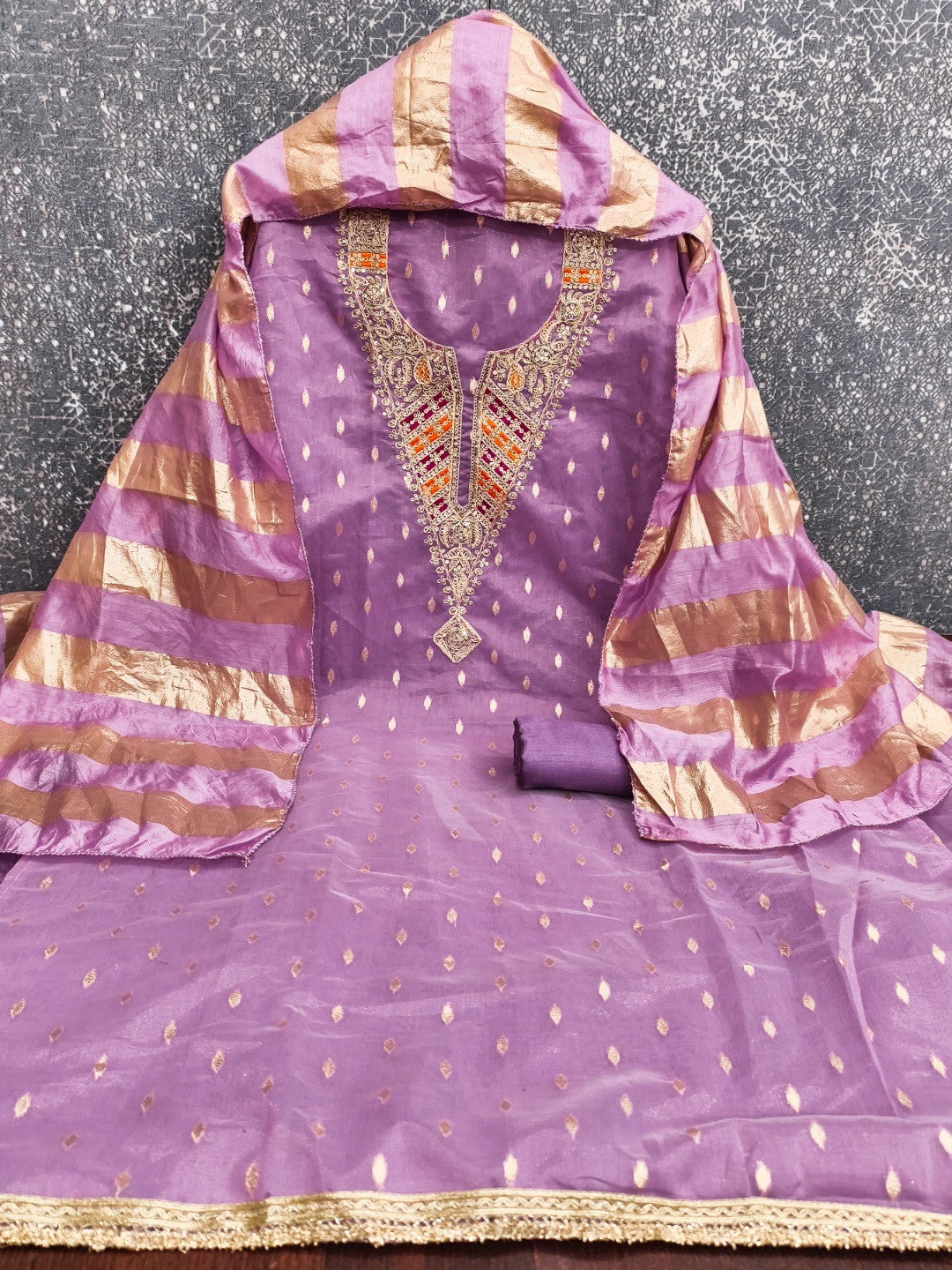 Elegant Purple Jacquard Dress Material with Striped Dupatta - Image 3