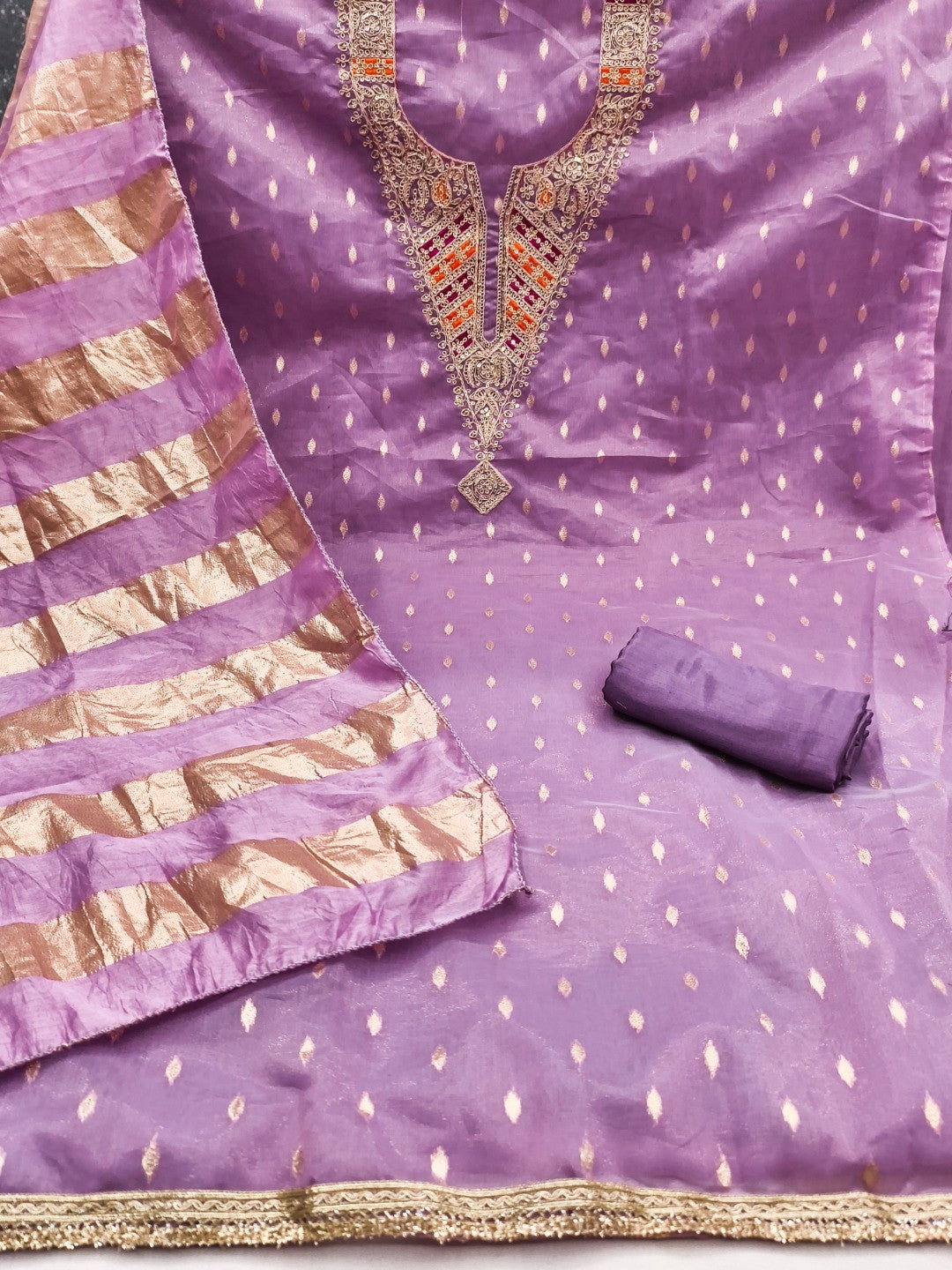Elegant Purple Jacquard Dress Material with Striped Dupatta - Image 4