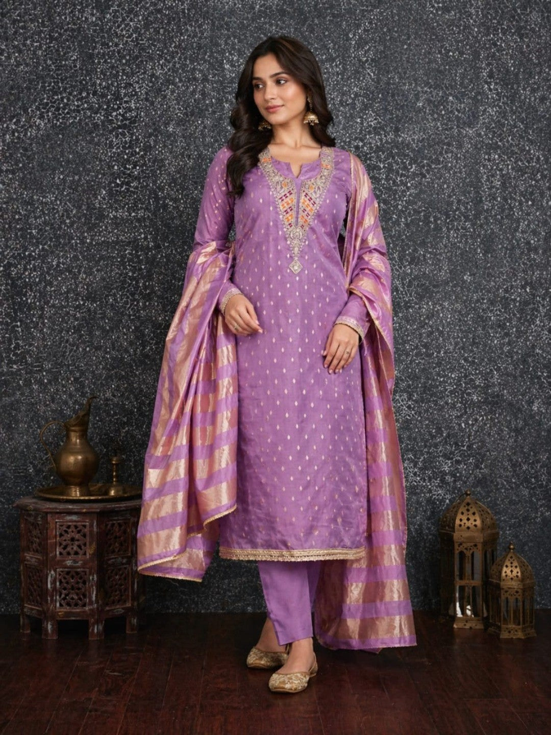 Elegant Purple Jacquard Dress Material with Striped Dupatta - Image 2