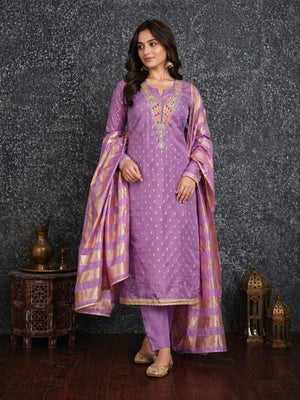 Elegant Purple Jacquard Dress Material with Striped Dupatta - Image 2