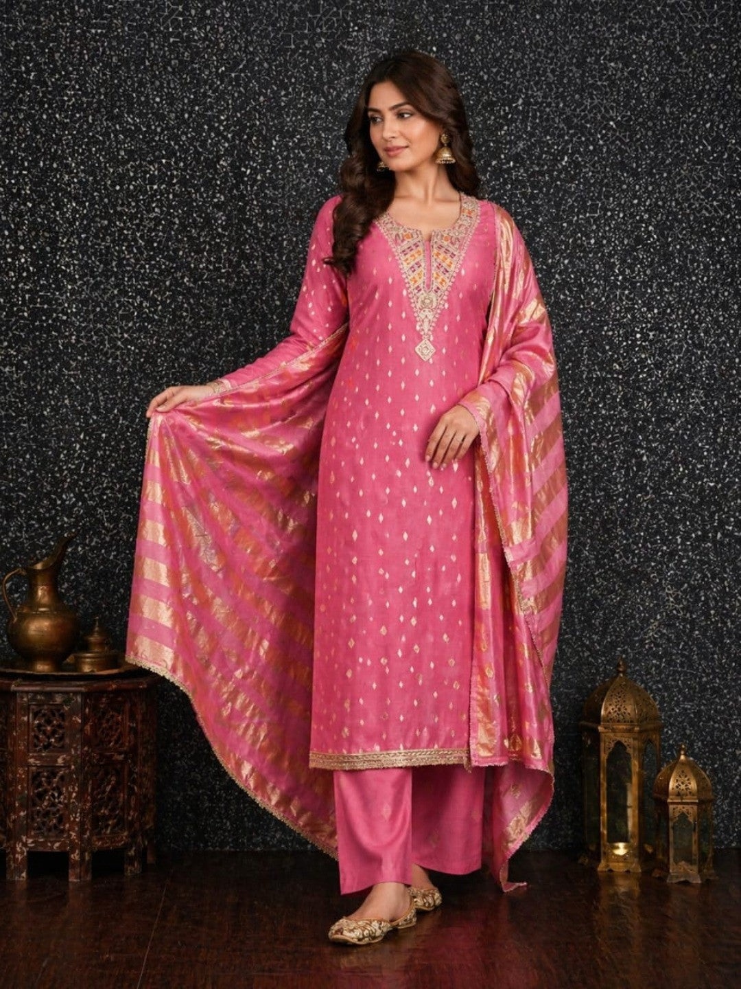 Elegant Pink Jacquard Dress Material with Striped Dupatta - Image 2