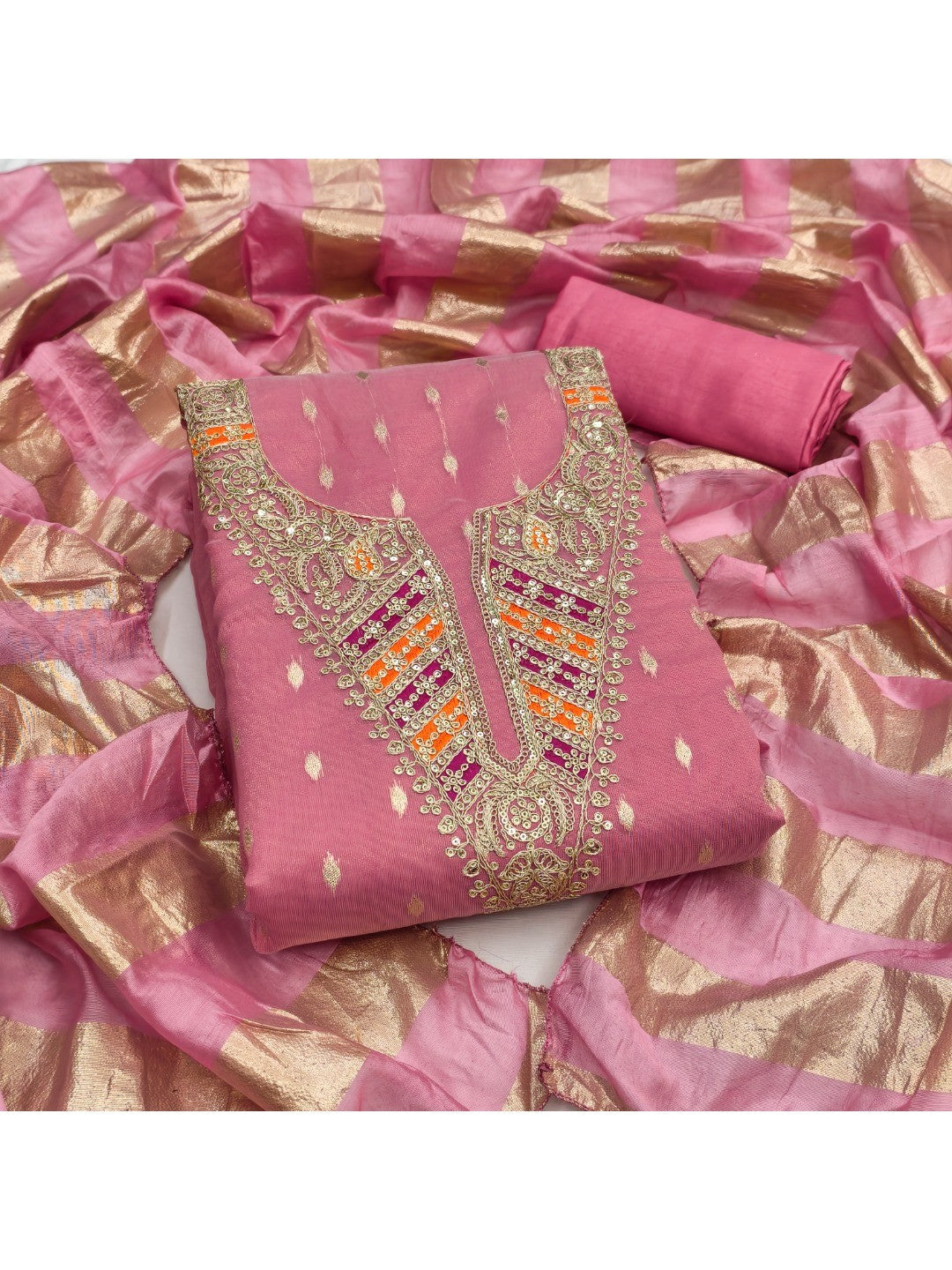 Elegant Pink Jacquard Dress Material with Striped Dupatta - Image 1
