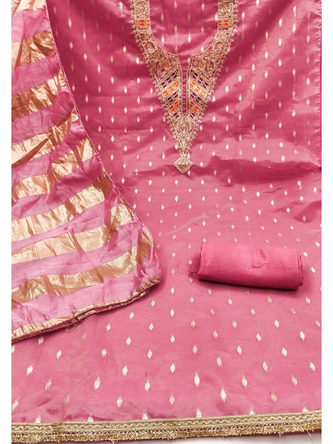 Elegant Pink Jacquard Dress Material with Striped Dupatta - Image 3
