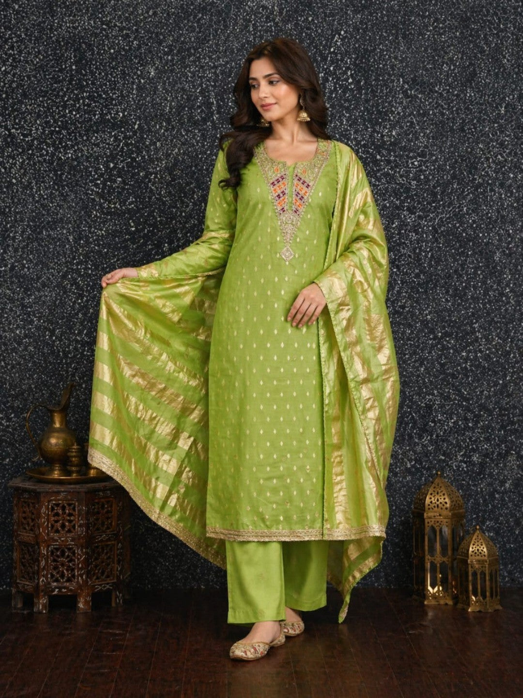 Elegant Green Jacquard Dress Material with Striped Dupatta - Image 2