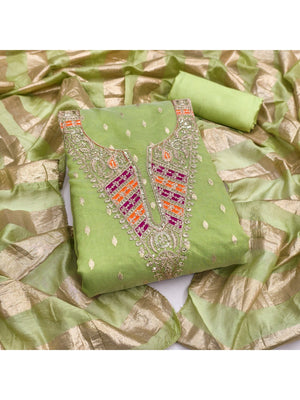 Elegant Green Jacquard Dress Material with Striped Dupatta - Image 1