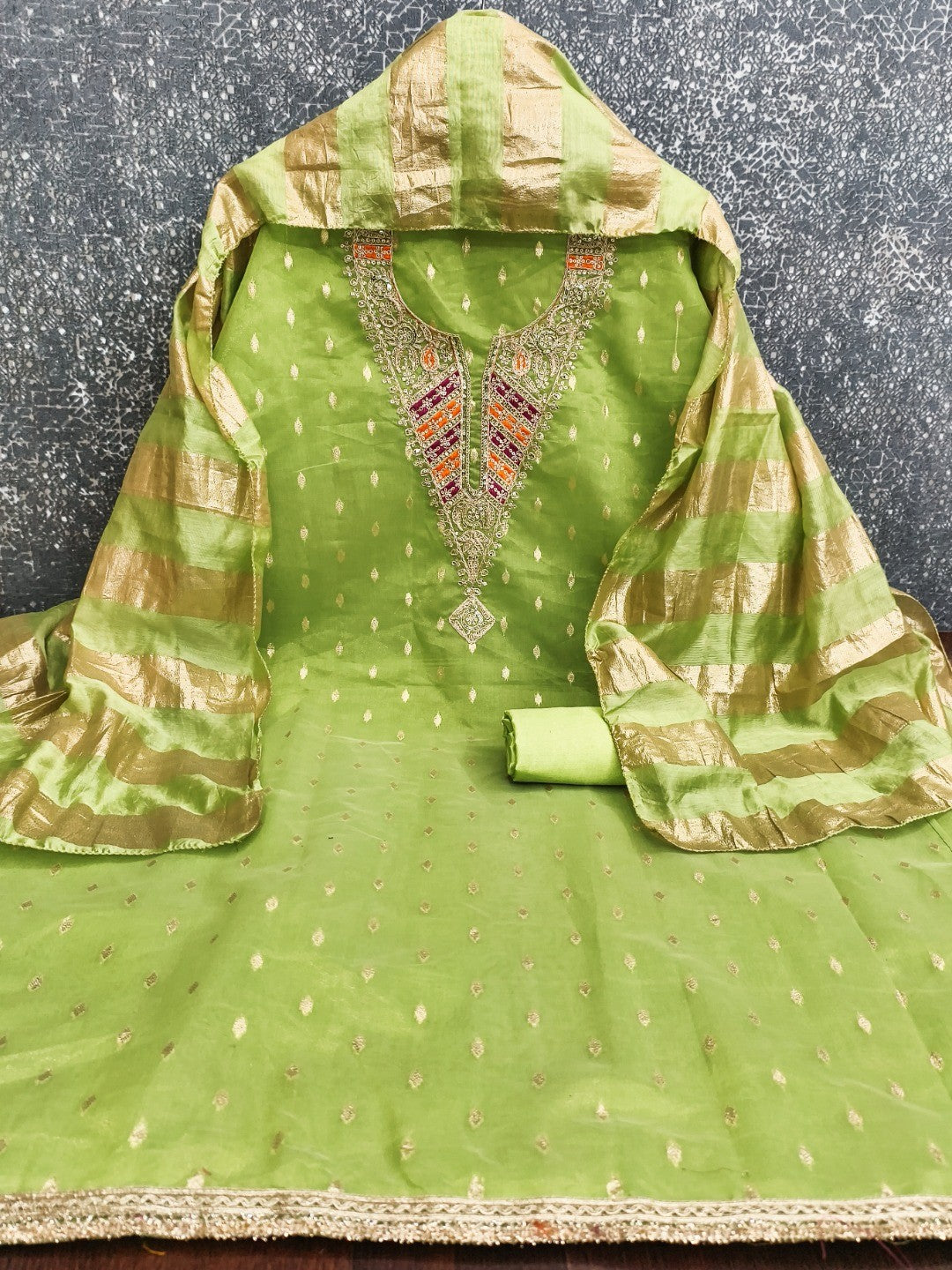 Elegant Green Jacquard Dress Material with Striped Dupatta - Image 3