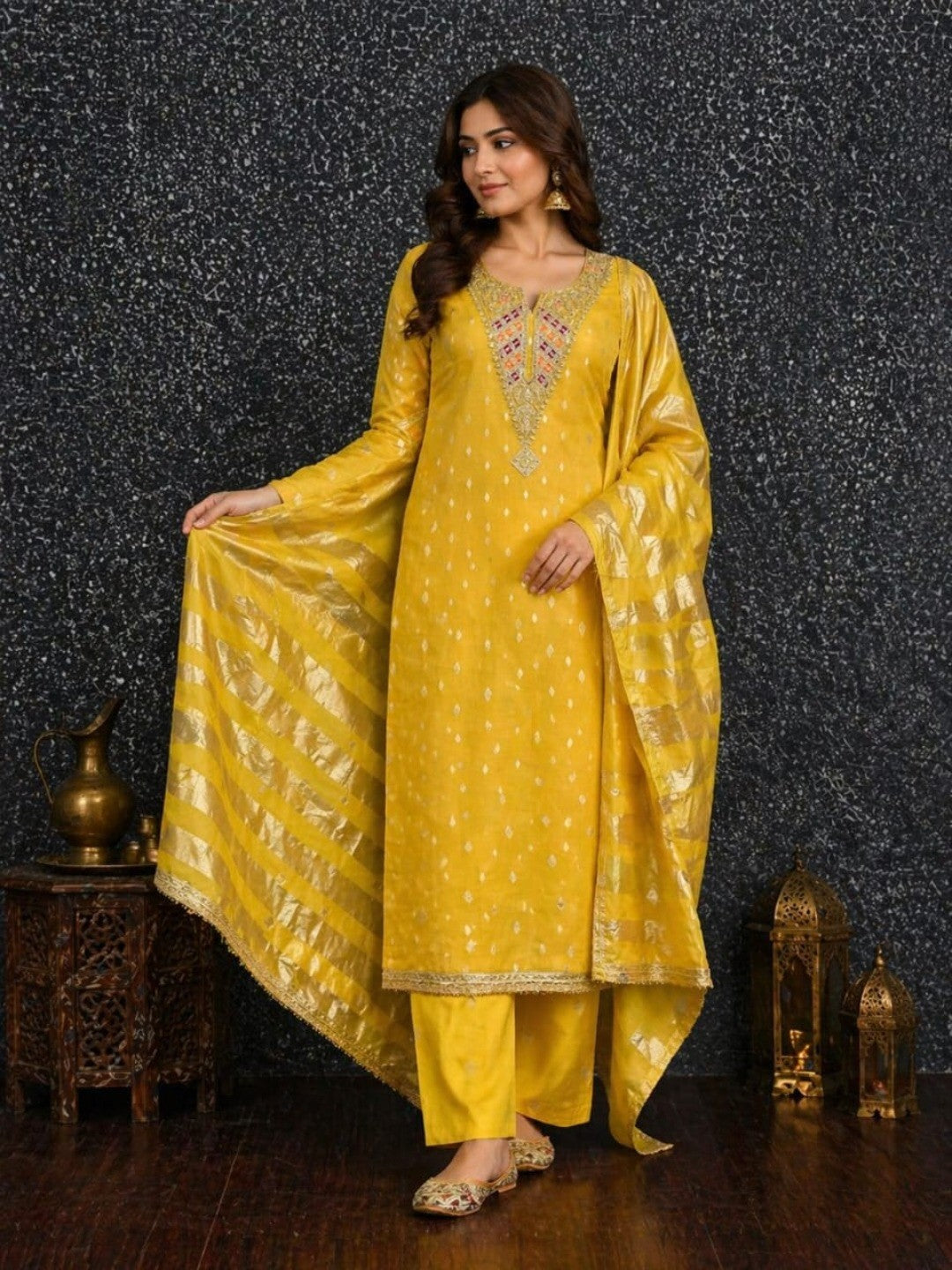 Elegant Yellow Jacquard Dress Material with Striped Dupatta - Image 2