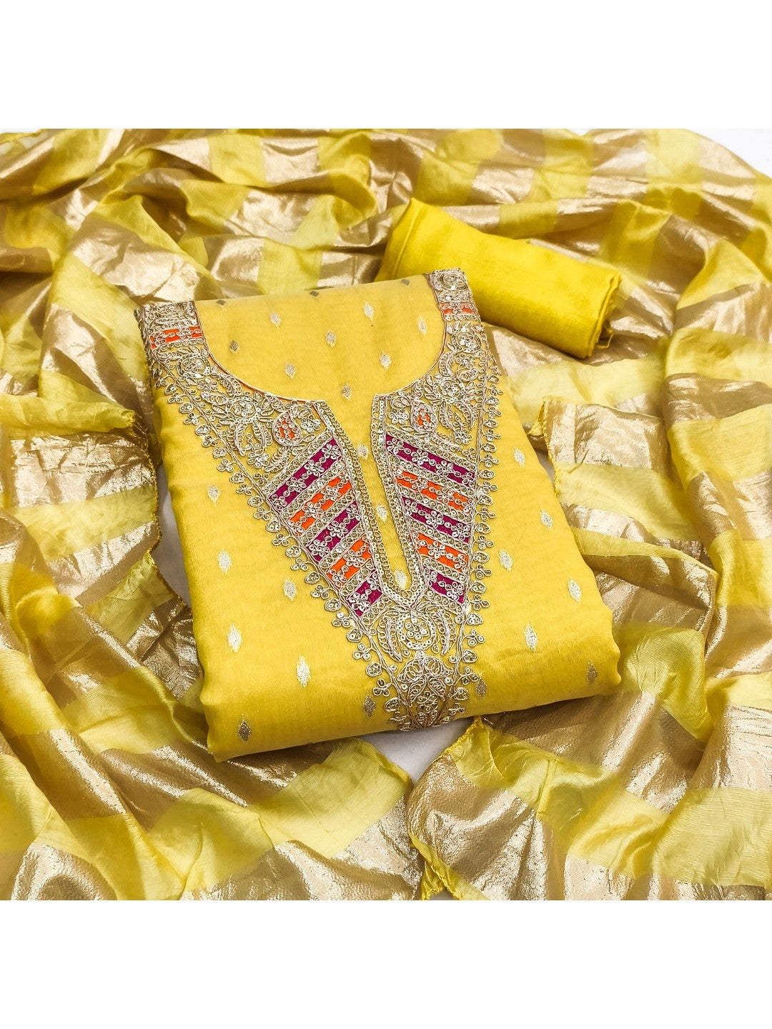 Elegant Yellow Jacquard Dress Material with Striped Dupatta - Image 1