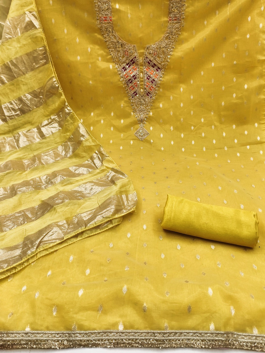 Elegant Yellow Jacquard Dress Material with Striped Dupatta - Image 3