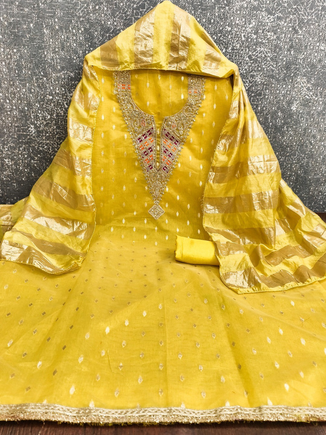 Elegant Yellow Jacquard Dress Material with Striped Dupatta - Image 4