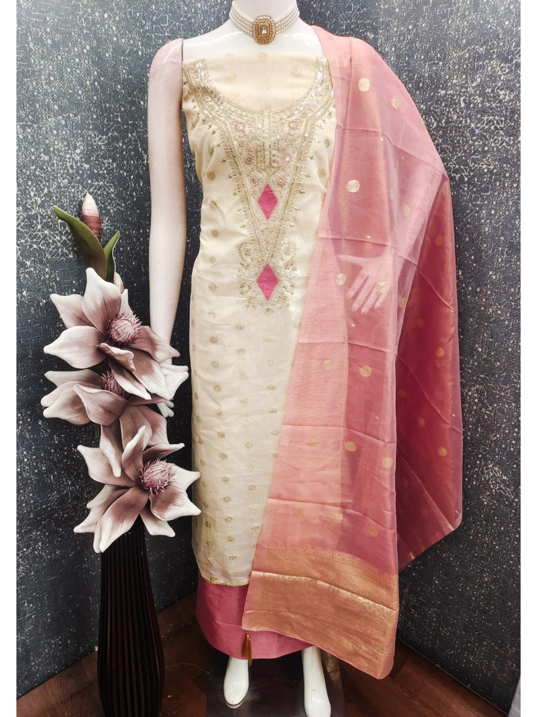 Elegant Cream & Pink Cording Sequins Embroidered Shimmer Dress Material With Butti Weaving Work - Image 5