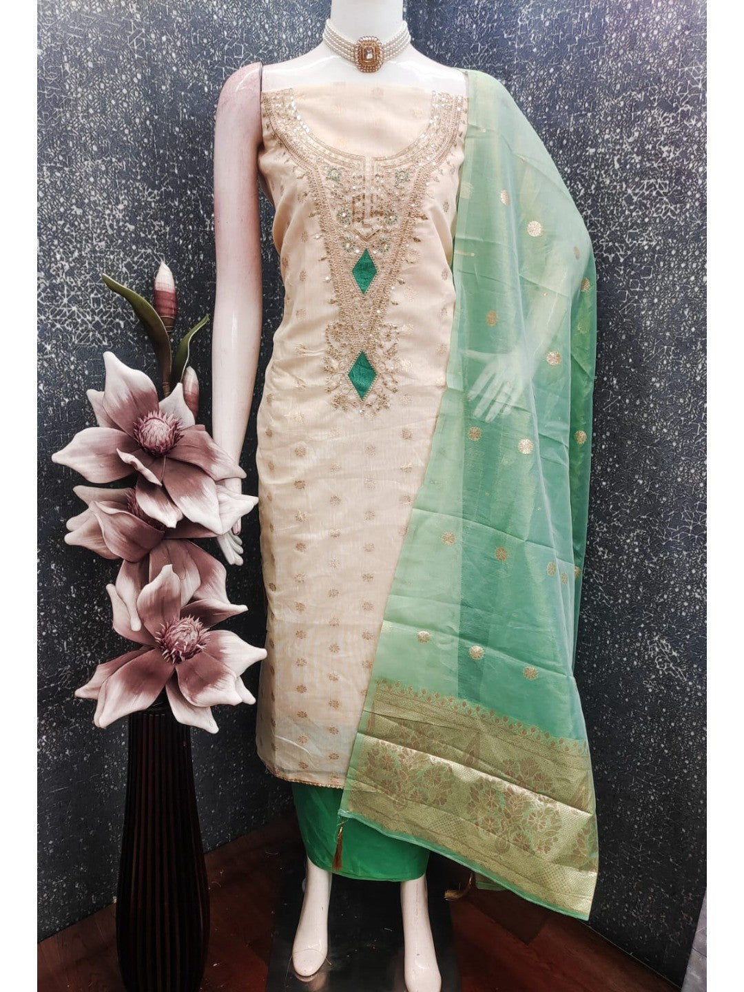 Elegant Cream & Turquoise Cording Sequins Embroidered Shimmer Dress Material With Butti Weaving Work - Image 3