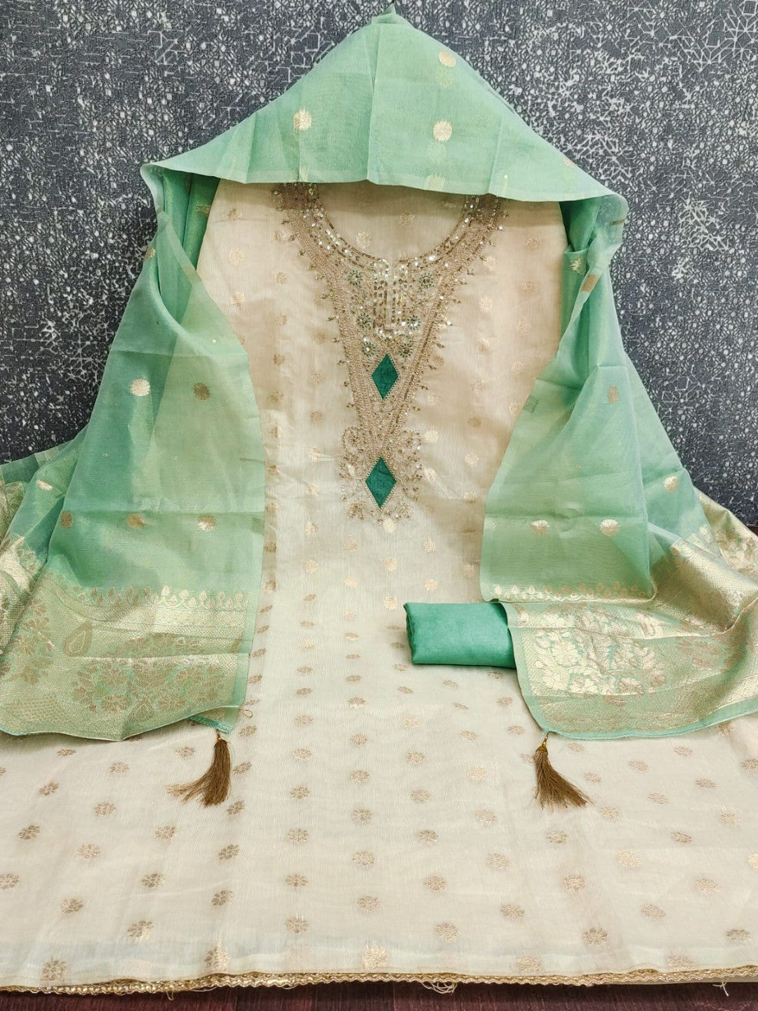 Elegant Cream & Turquoise Cording Sequins Embroidered Shimmer Dress Material With Butti Weaving Work - Image 6