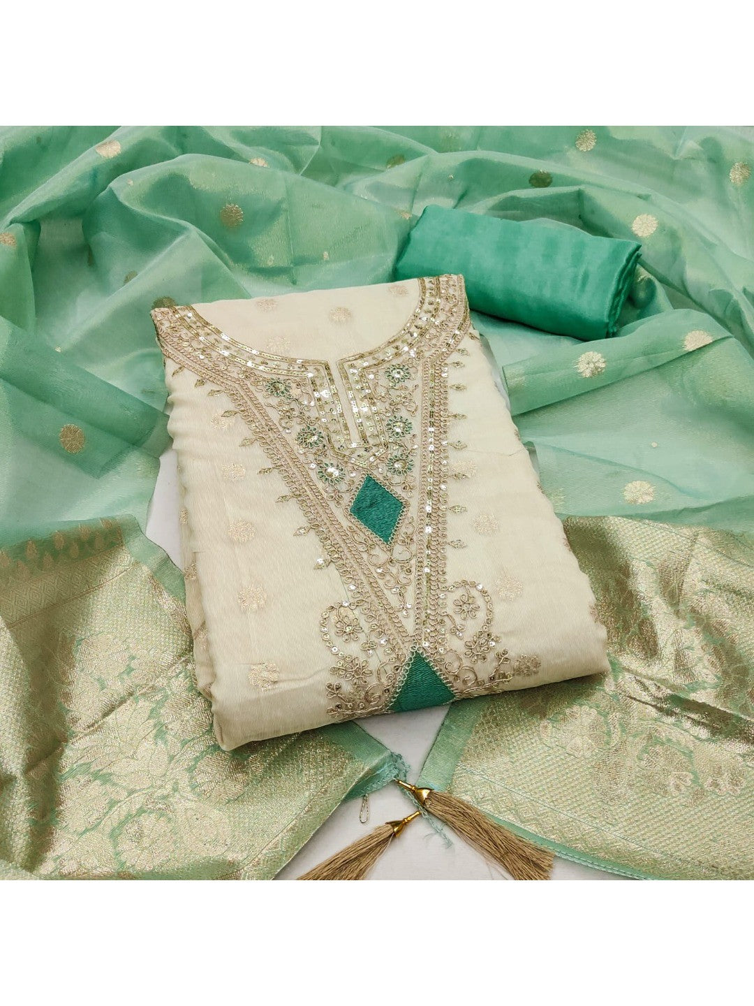 Elegant Cream & Turquoise Cording Sequins Embroidered Shimmer Dress Material With Butti Weaving Work - Image 5