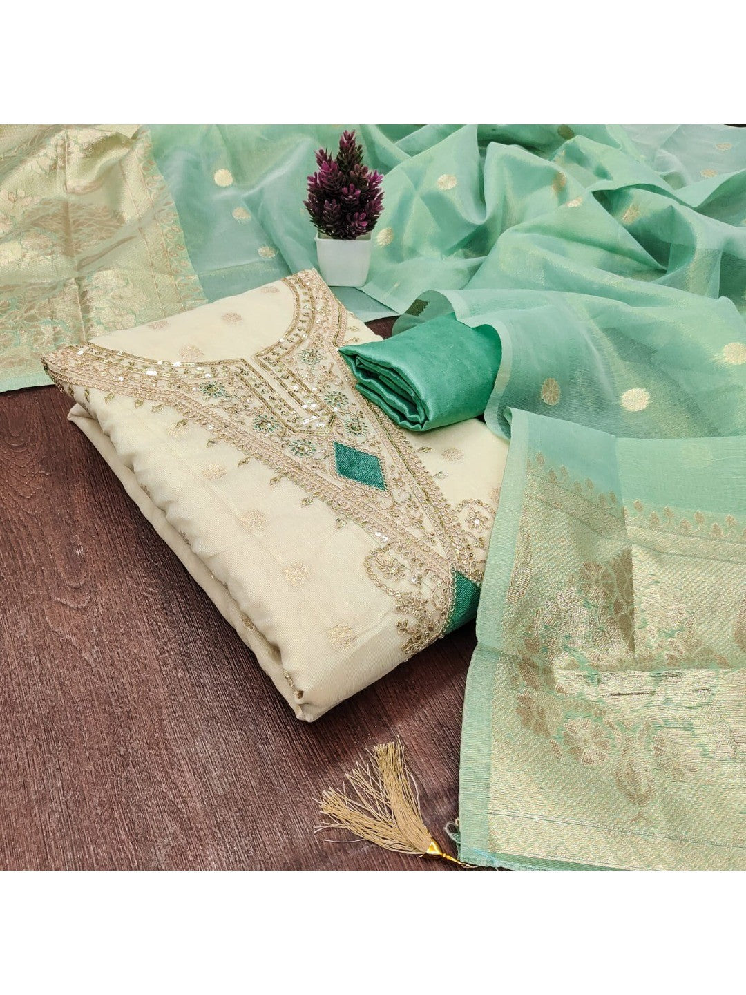 Elegant Cream & Turquoise Cording Sequins Embroidered Shimmer Dress Material With Butti Weaving Work - Image 4