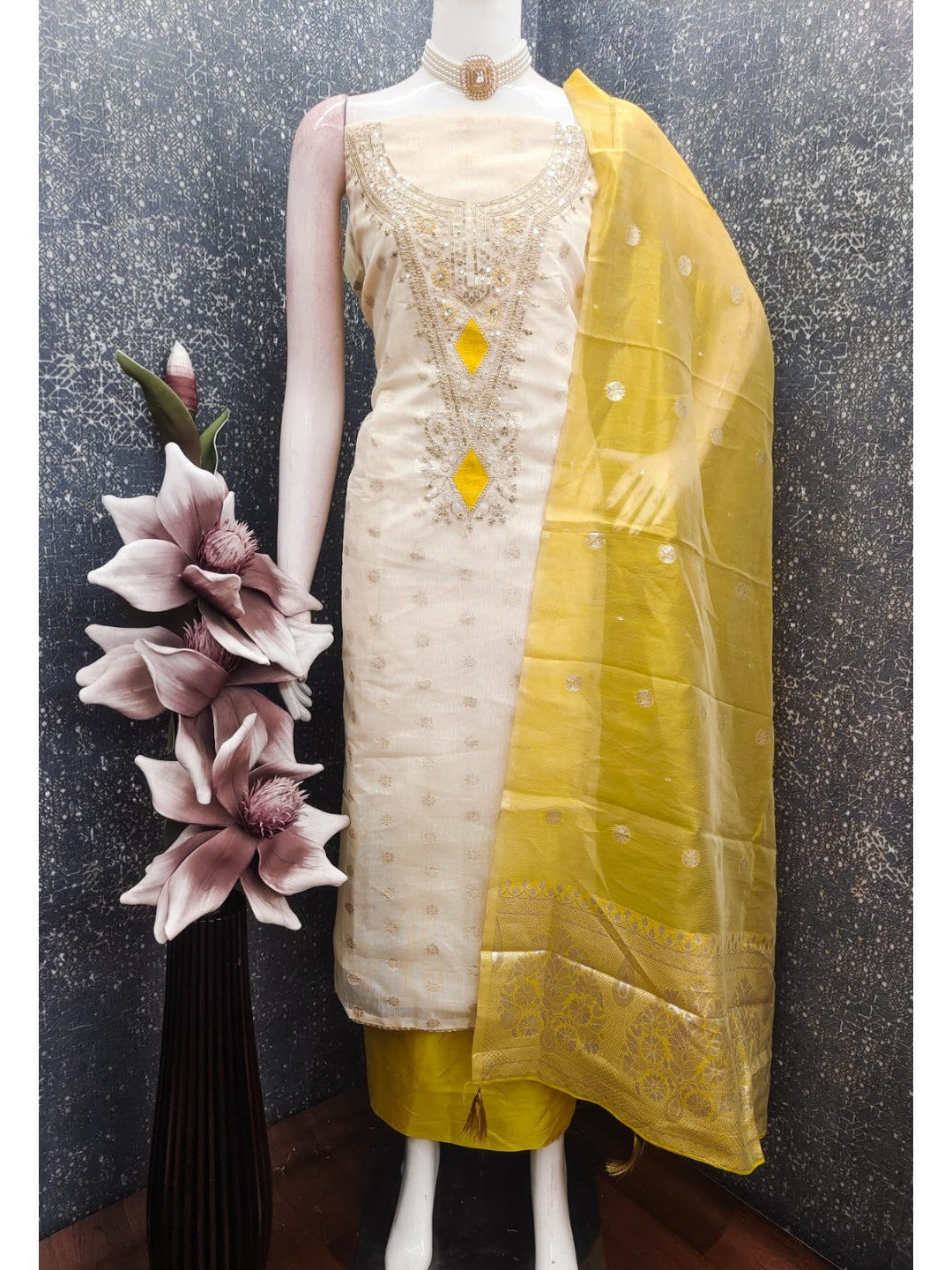 Elegant Cream & Yellow Cording Sequins Embroidered Shimmer Dress Material With Butti Weaving Work - Image 6
