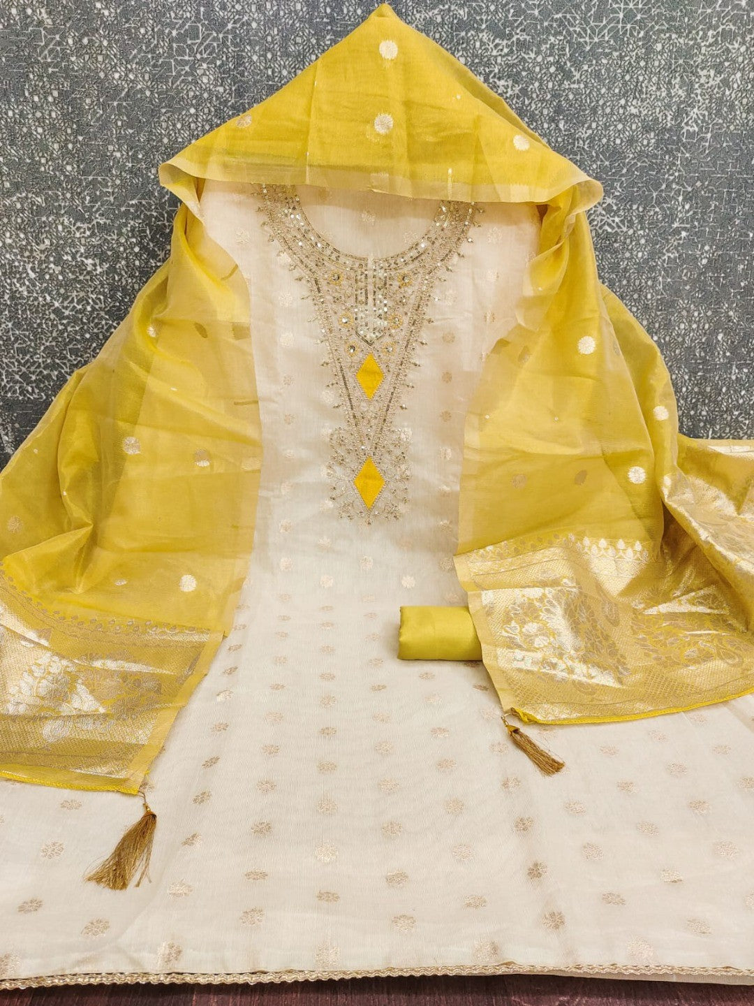Elegant Cream & Yellow Cording Sequins Embroidered Shimmer Dress Material With Butti Weaving Work - Image 5