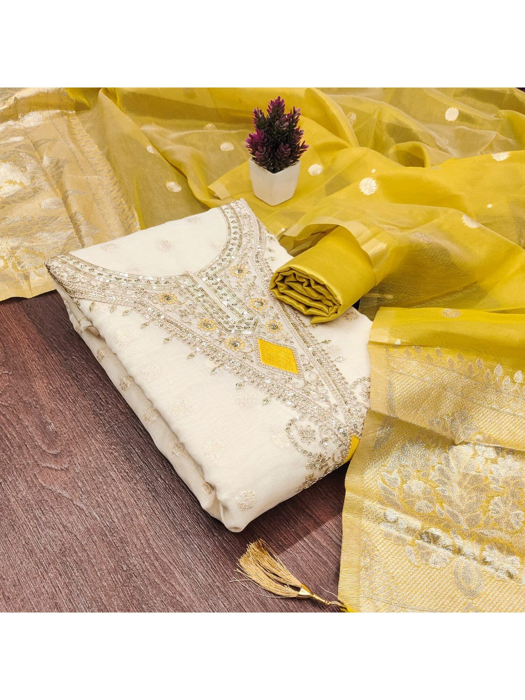 Elegant Cream & Yellow Cording Sequins Embroidered Shimmer Dress Material With Butti Weaving Work - Image 3