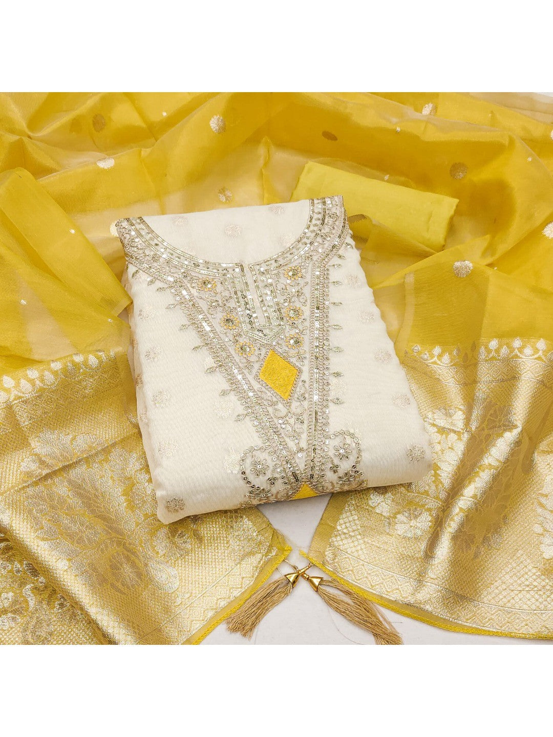 Elegant Cream & Yellow Cording Sequins Embroidered Shimmer Dress Material With Butti Weaving Work - Image 4