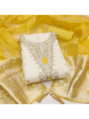 Elegant Cream & Yellow Cording Sequins Embroidered Shimmer Dress Material With Butti Weaving Work - Image 1