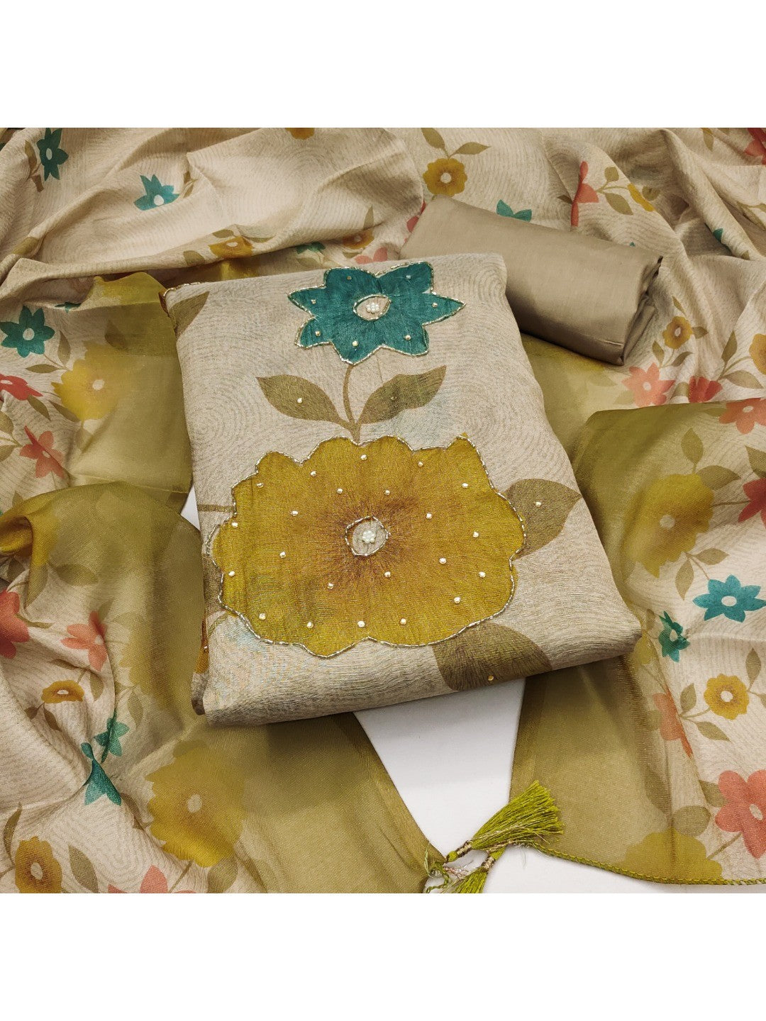 Beige & Mustard Floral Printed Shimmer Dress Material with Dupatta - Image 1