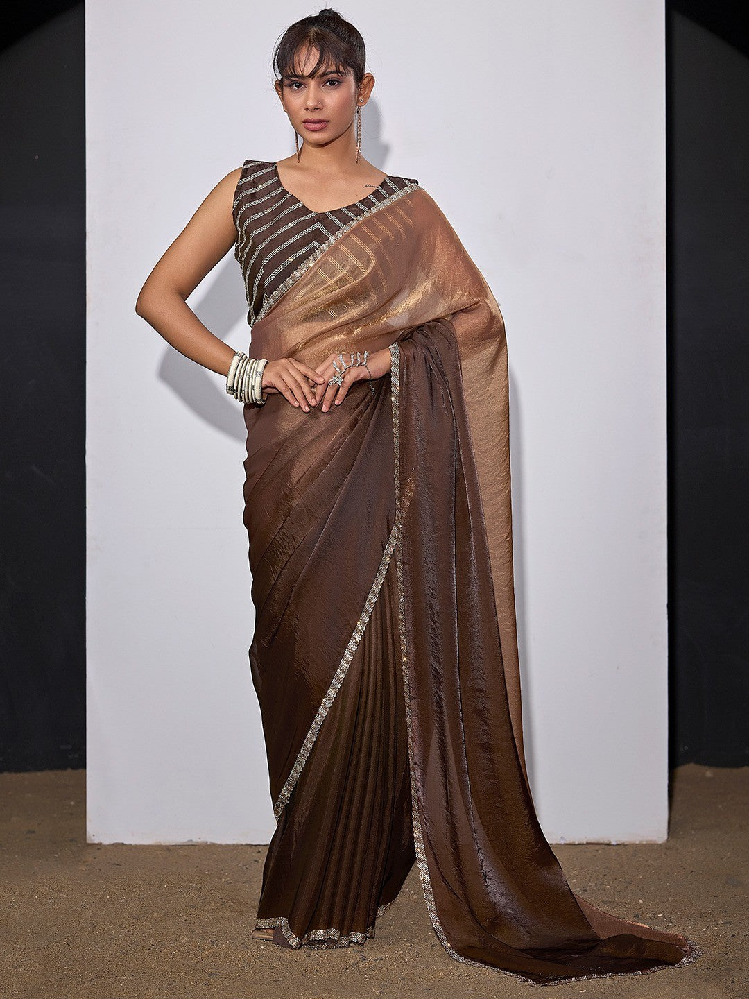 Stunning Coffee Brown Satin Silk Ombre Saree Adorned With Sparkling Stone Work Border - Image 1