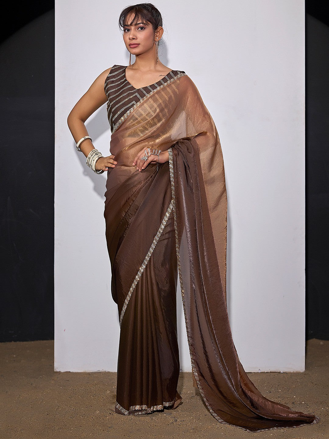 Stunning Coffee Brown Satin Silk Ombre Saree Adorned With Sparkling Stone Work Border - Image 5