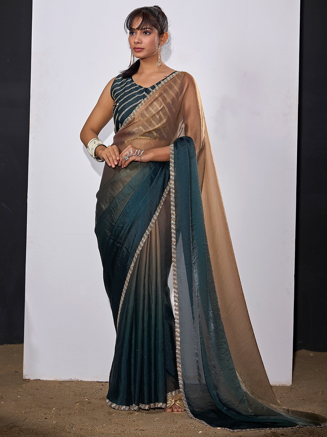 Stunning Teal & Brown Satin Silk Ombre Saree Adorned With Sparkling Stone Work Border - Image 6