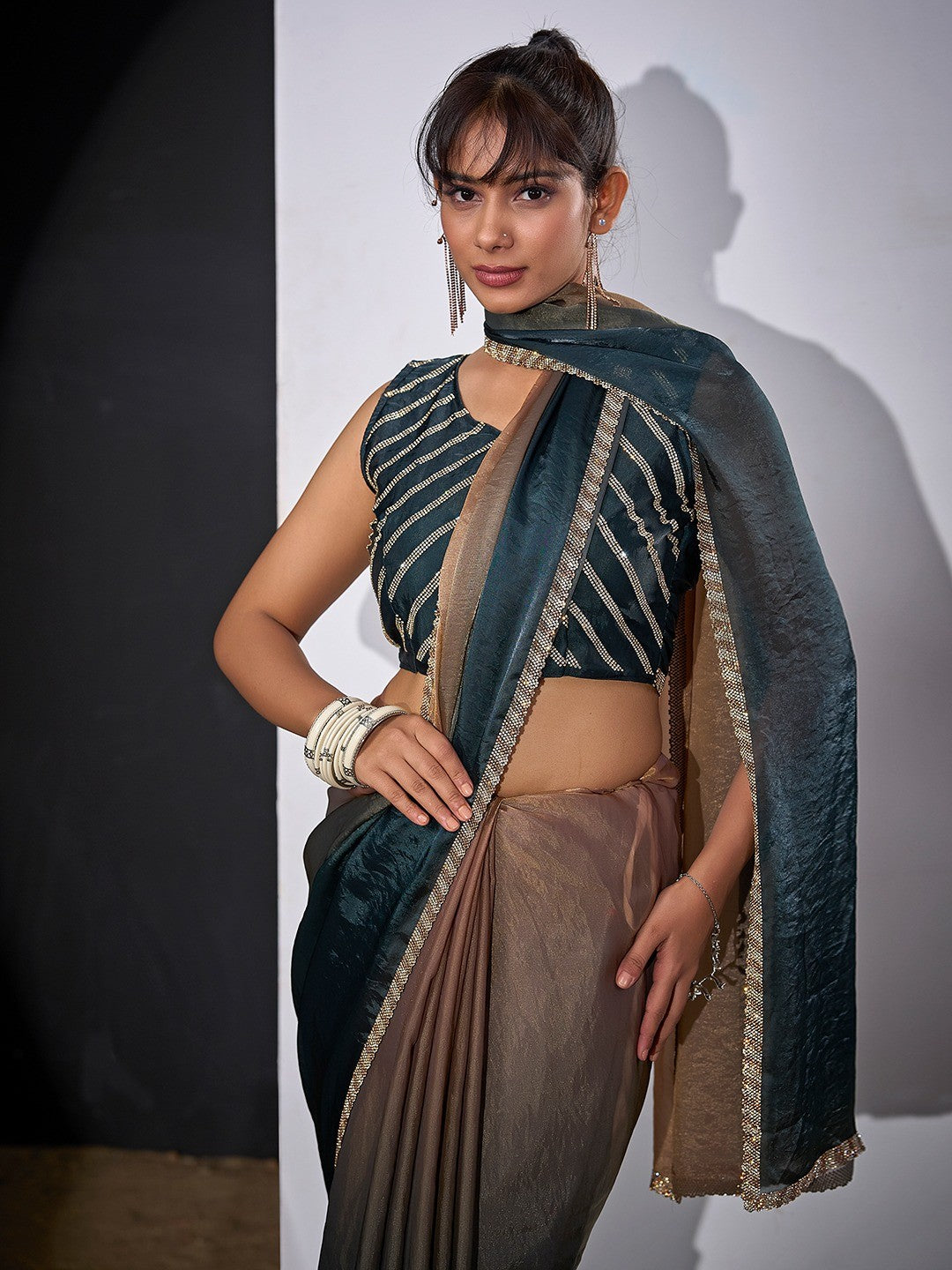 Stunning Teal & Brown Satin Silk Ombre Saree Adorned With Sparkling Stone Work Border - Image 4