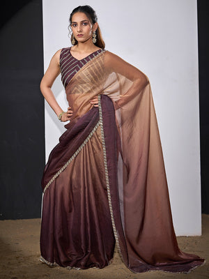 Stunning Wine & Brown Satin Silk Ombre Saree Adorned With Sparkling Stone Work Border - Image 1