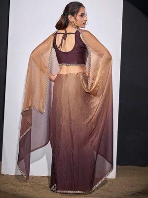 Stunning Wine & Brown Satin Silk Ombre Saree Adorned With Sparkling Stone Work Border - Image 2