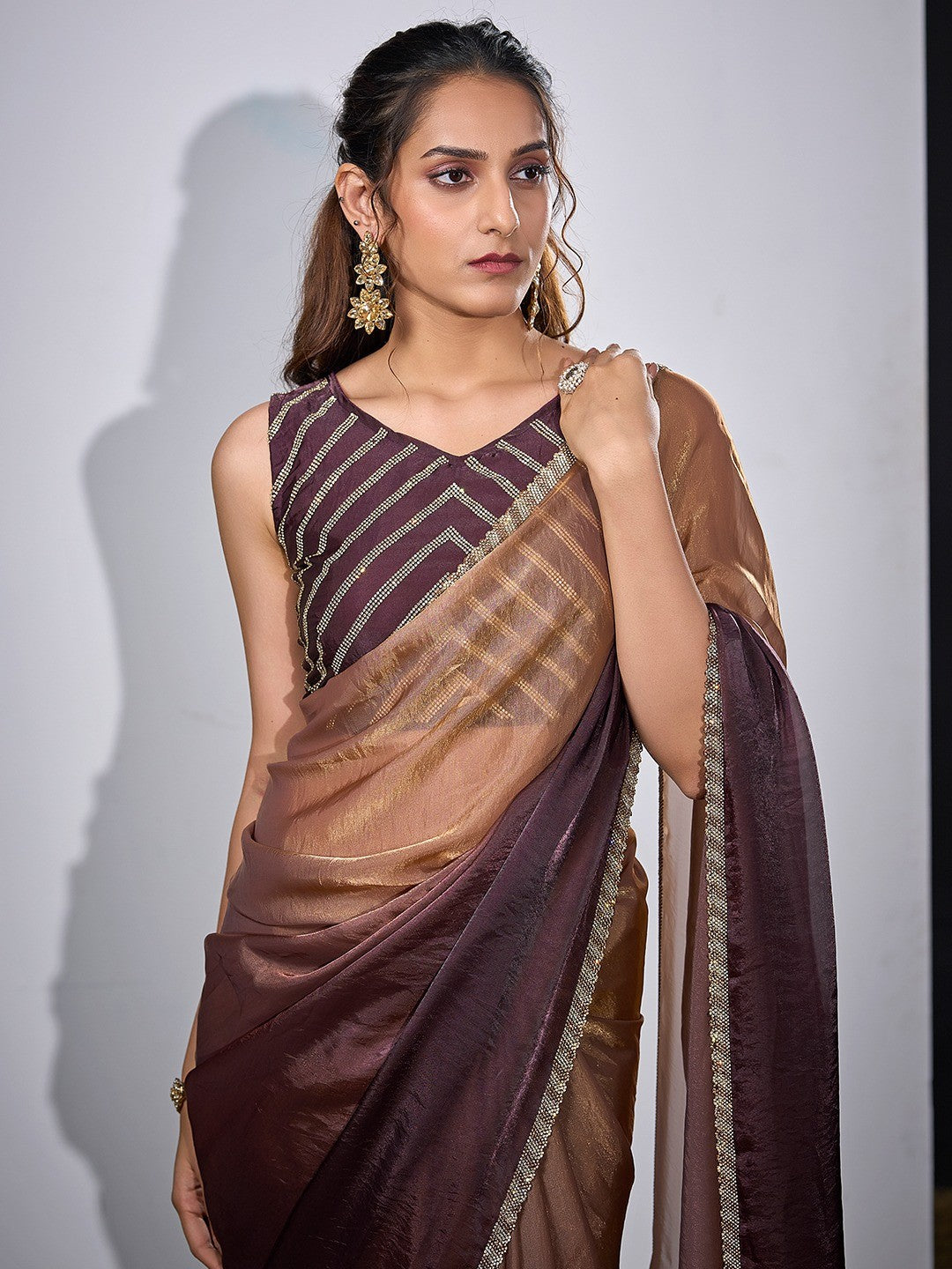 Stunning Wine & Brown Satin Silk Ombre Saree Adorned With Sparkling Stone Work Border - Image 3