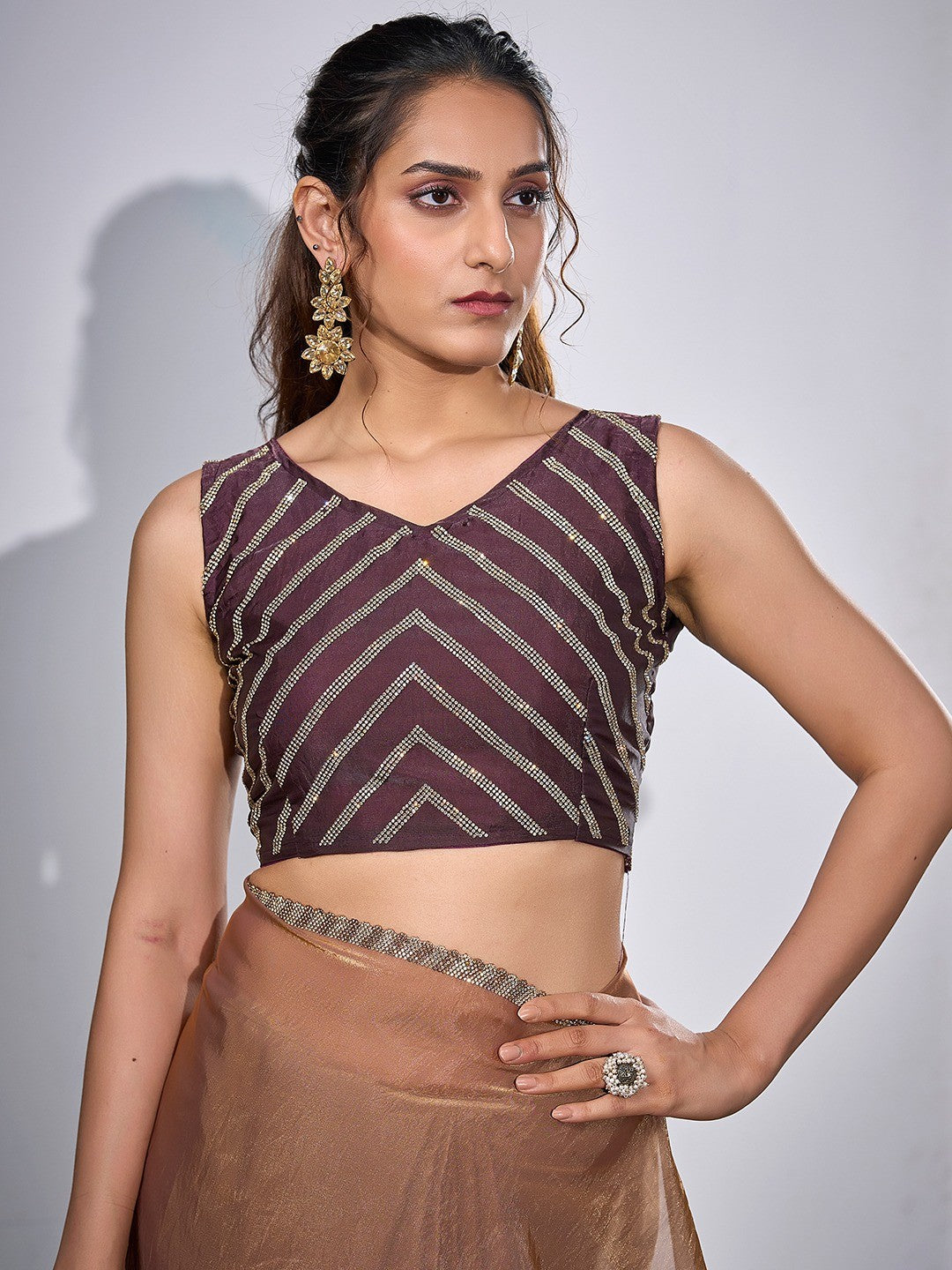 Stunning Wine & Brown Satin Silk Ombre Saree Adorned With Sparkling Stone Work Border - Image 2