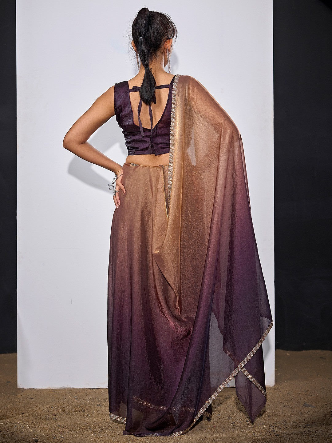 Stunning Purple & Brown Satin Silk Ombre Saree Adorned With Sparkling Stone Work Border - Image 4
