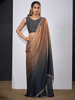 Stunning Black & Brown Satin Silk Ombre Saree Adorned With Sparkling Stone Work Border - Image 1
