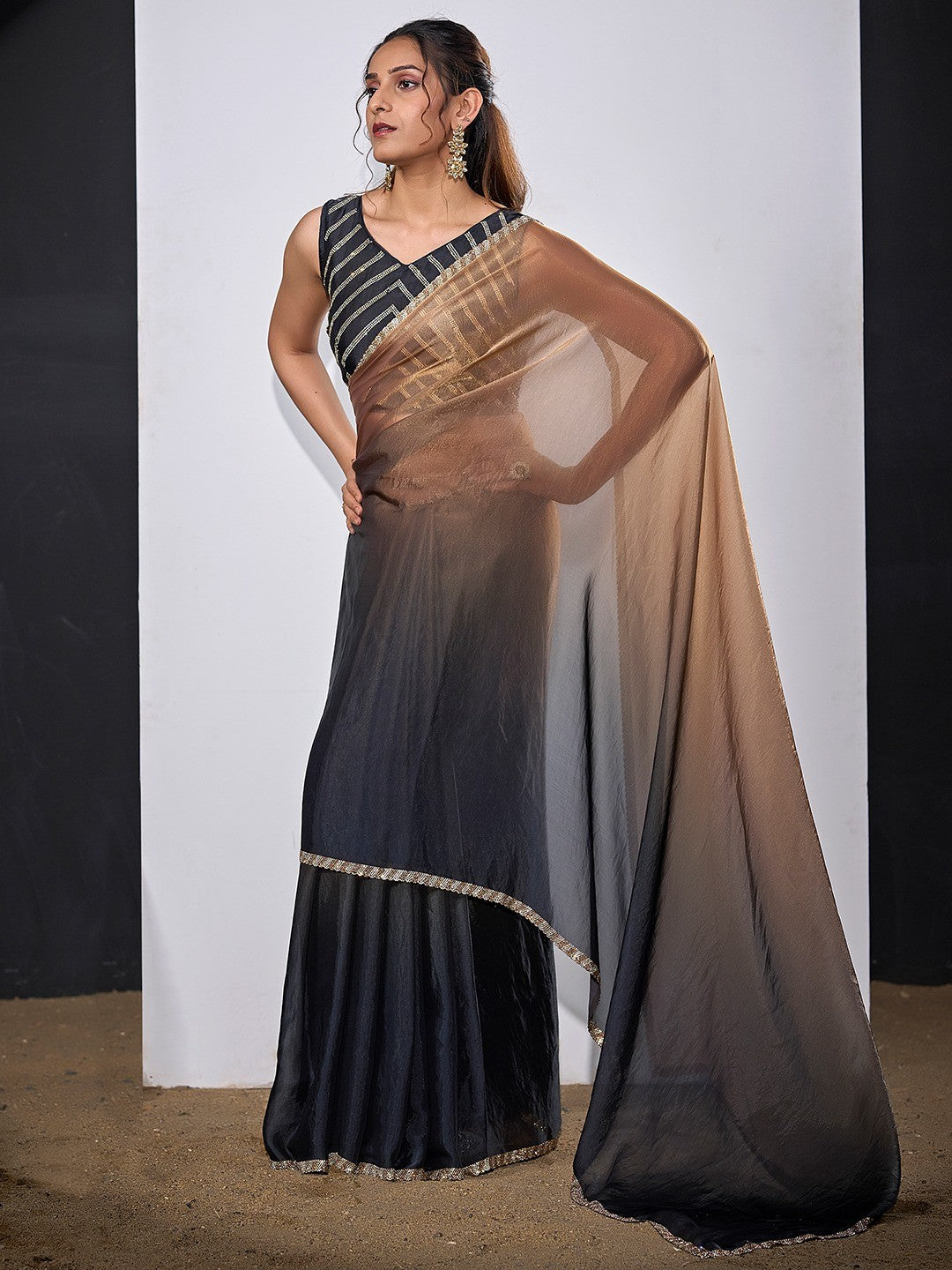 Stunning Black & Brown Satin Silk Ombre Saree Adorned With Sparkling Stone Work Border - Image 5