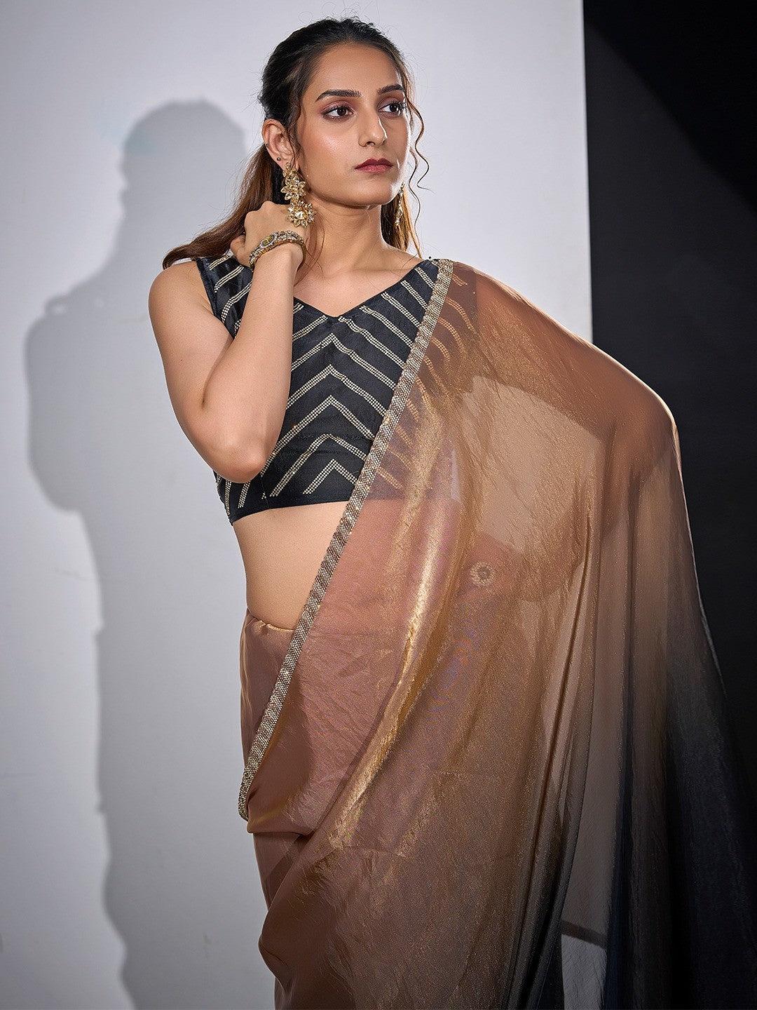 Stunning Black & Brown Satin Silk Ombre Saree Adorned With Sparkling Stone Work Border - Image 3
