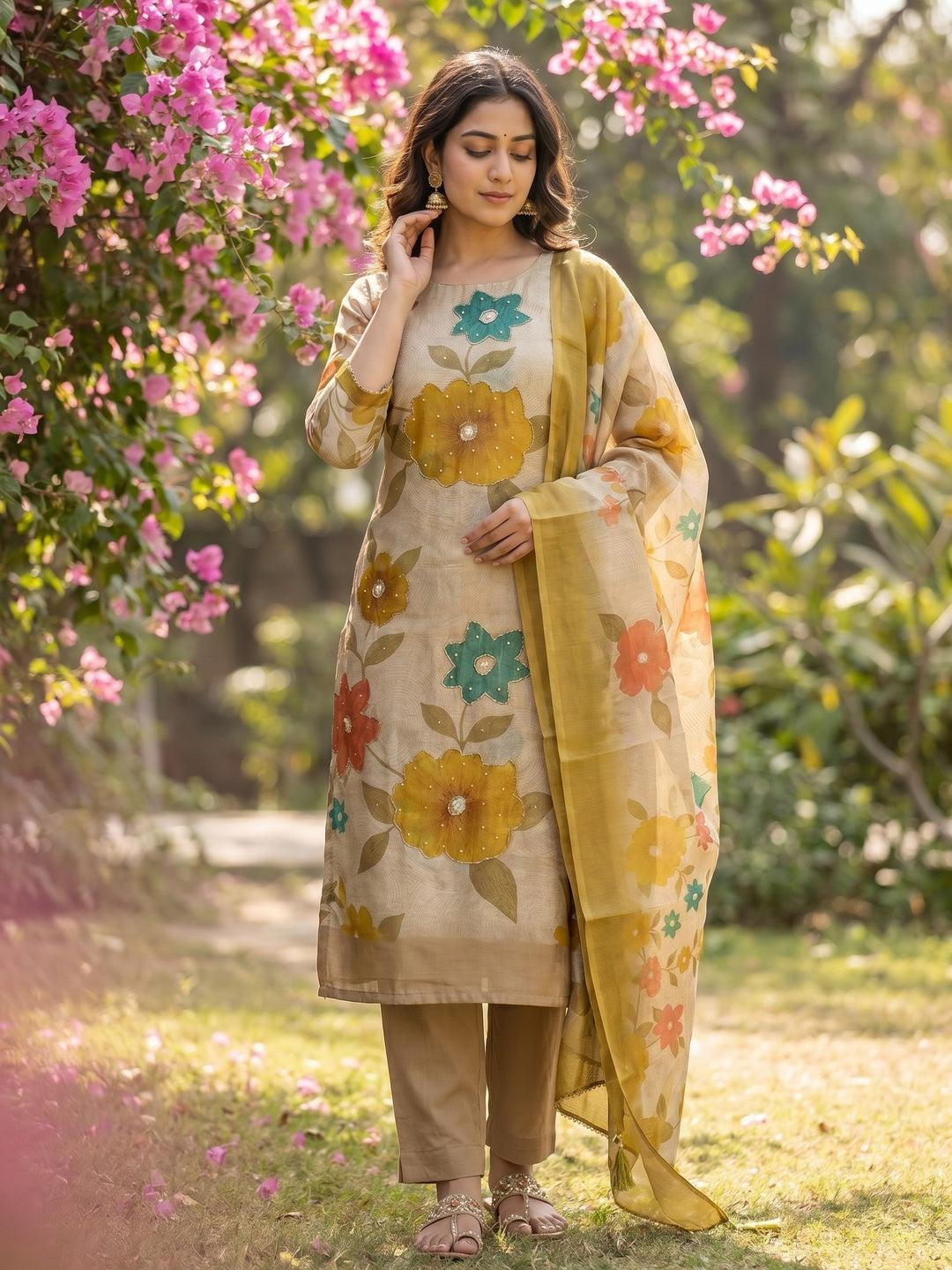 Beige & Mustard Floral Printed Shimmer Dress Material with Dupatta - Image 2