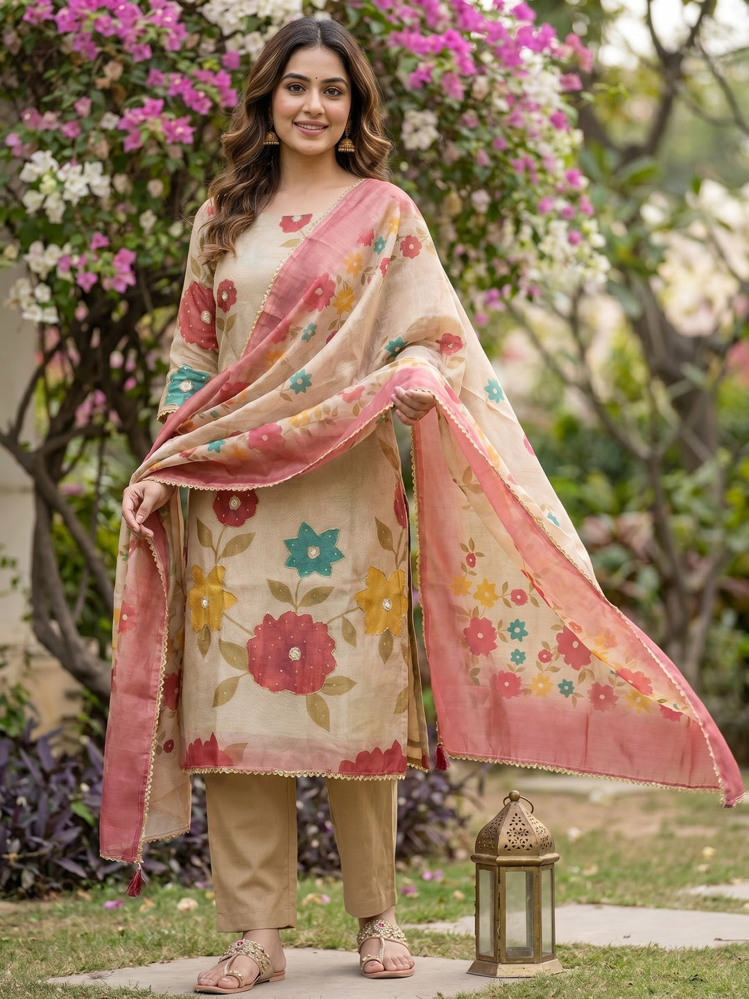 Beige & Pink Floral Printed Shimmer Dress Material with Dupatta - Image 1