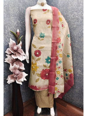 Beige & Pink Floral Printed Shimmer Dress Material with Dupatta - Image 2