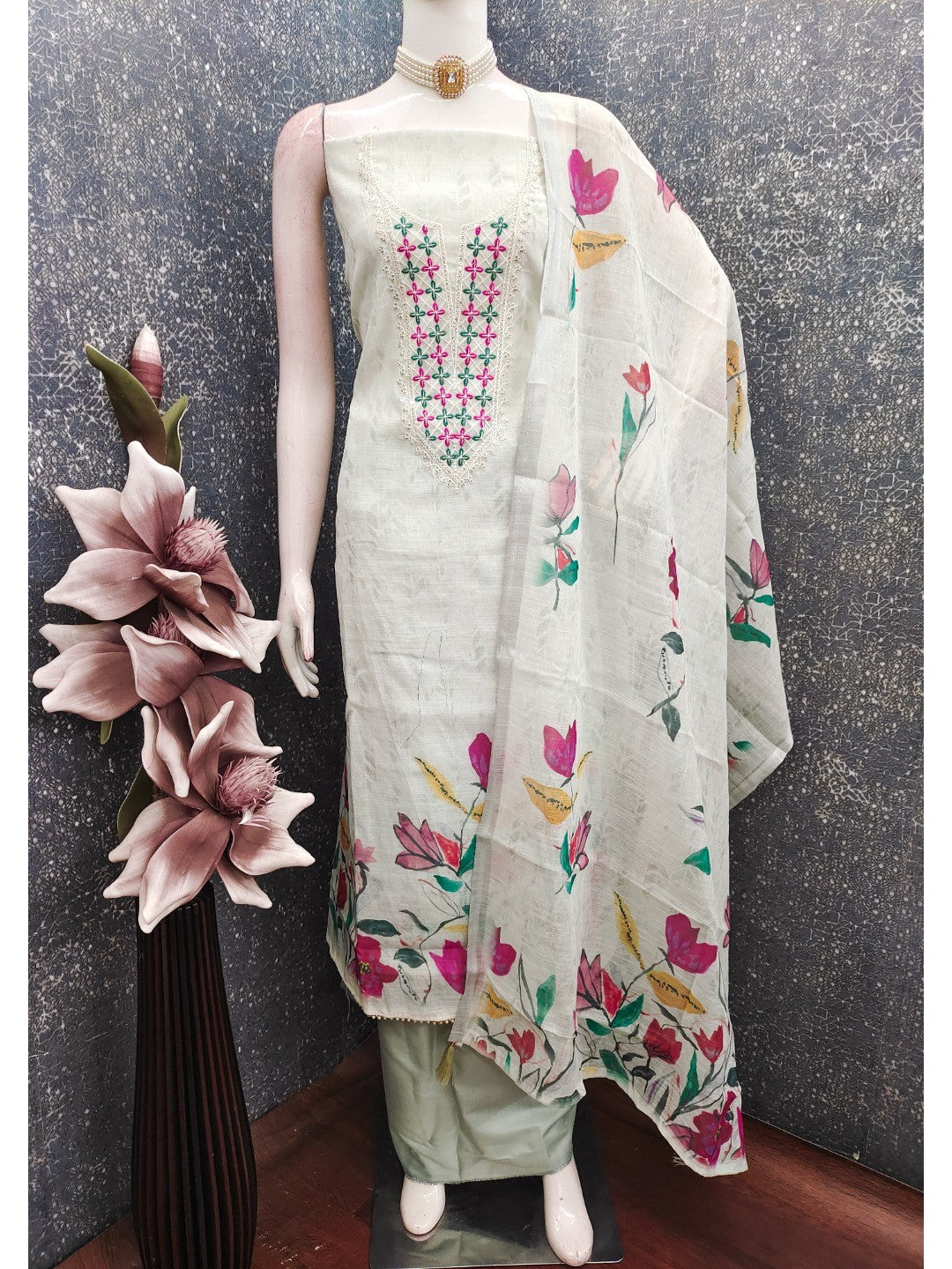 Elegant Grey Linen Dress Material with Floral Thread Work and Dupatta - Image 2