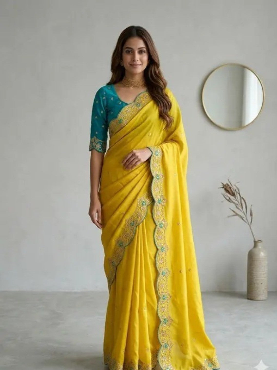 Elegant Yellow Chiffon Saree with Intricate Embroidered Border - Image 1