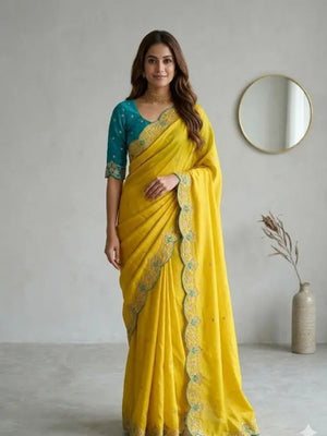 Elegant Yellow Chiffon Saree with Intricate Embroidered Border - Image 1