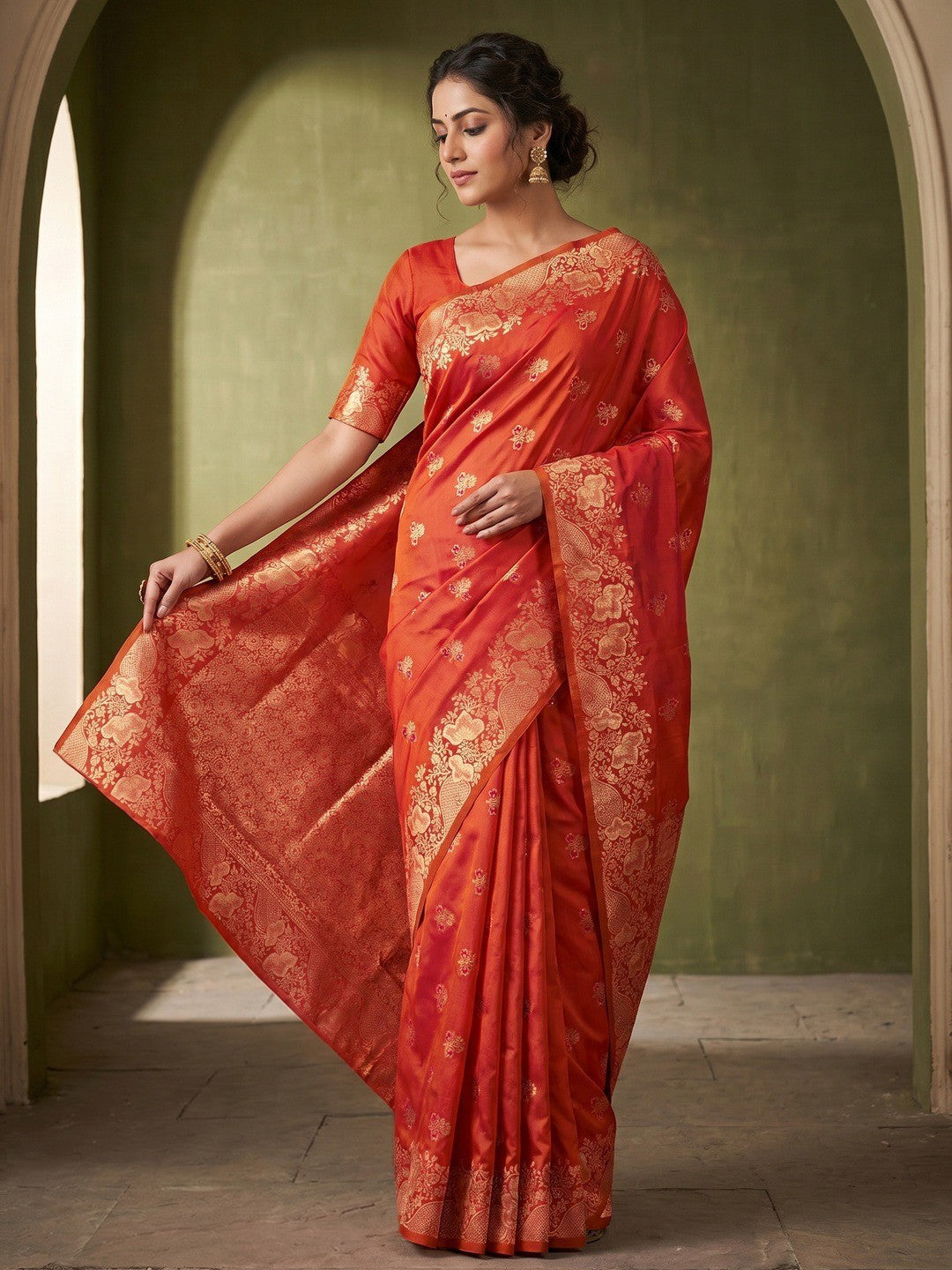Designer Coral Pink Floral Art Silk Saree Featuring Intricate Zari Weaving Work - Image 1