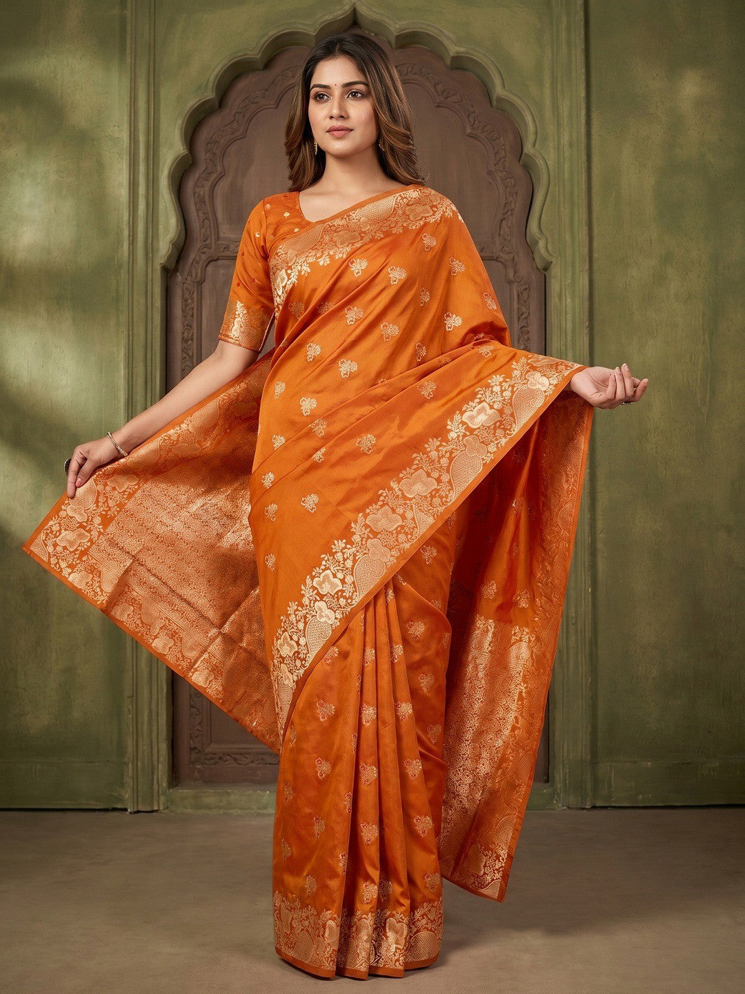 Designer Orange Floral Art Silk Saree Featuring Intricate Zari Weaving Work - Image 1
