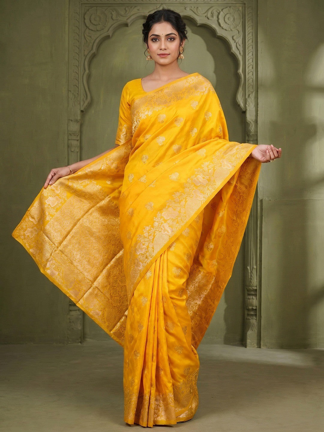 Designer Yellow Floral Art Silk Saree Featuring Intricate Zari Weaving Work - Image 1