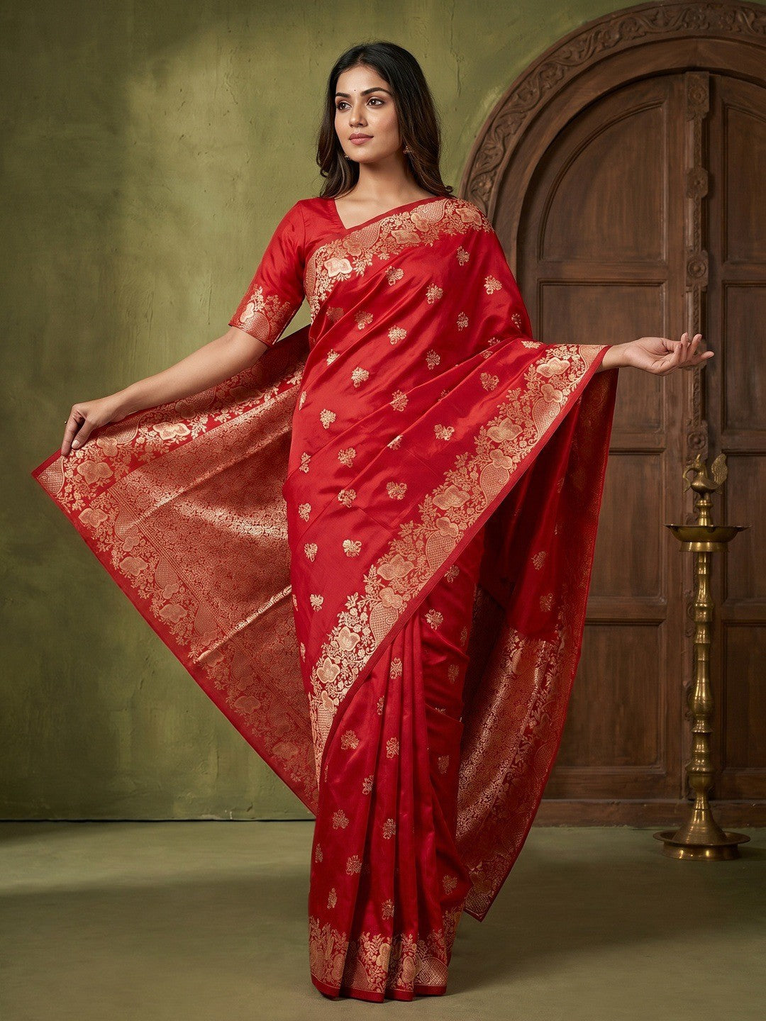 Designer Red Floral Art Silk Saree Featuring Intricate Zari Weaving Work - Image 1