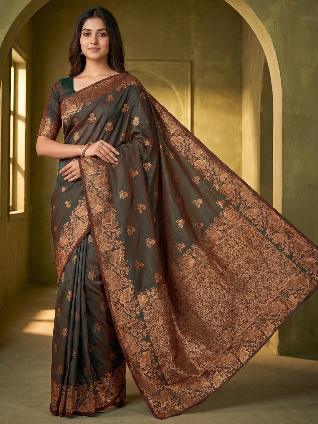 Designer Brown Floral Art Silk Saree Featuring Intricate Zari Weaving Work - Image 1